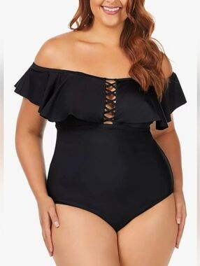 Raisins Black Off-Shoulder Raffle One-Piece Swimsuit SZ:20W